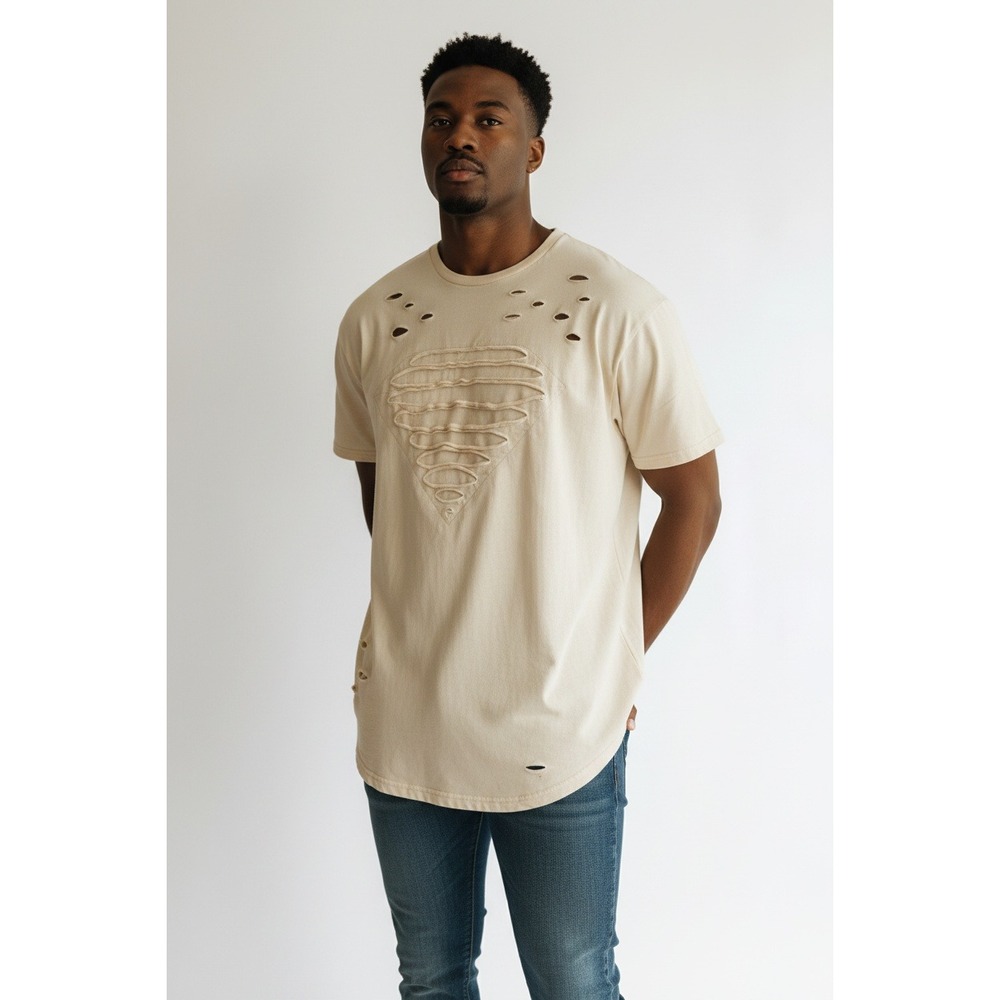 KROME Distressed T-Shirt Mens XL Cream Excellent Shredded Diamond Streetwear Tee